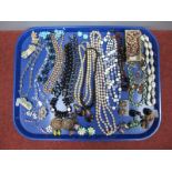 Vintage and Later Bead Necklaces, imitation pearls, clip on earrings :- One Tray