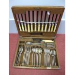 A Mappin & Webb Oak Cased Canteen of Plated Cutlery, the hinged lid with inset plaque "To Mr