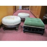 Two XIX Century Footstools, with upholstered tops on turned supports; together with an ebonized