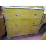 A XIX Century Painted Pine Chest of Drawers, with a 3/4 gallery back, three long drawers on turned