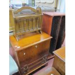 A Yew Wood Cabinet, with a fall front, two drawers, cd rack and a magazine rack. (3)