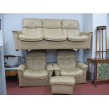 Ekornes (Norway) Four Piece Cream Leather Suite, three seater settee, two arm chairs, pouffe foot