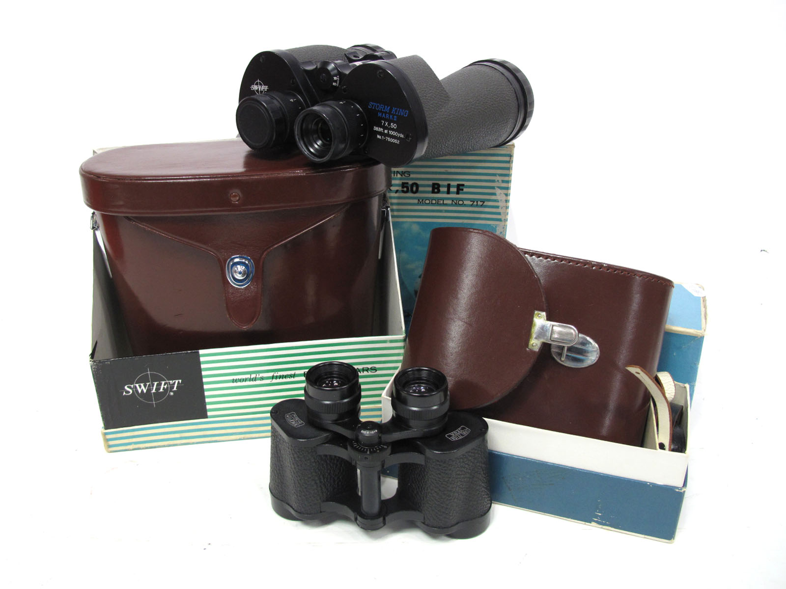 Binocular Carl Zeiss Jena Jenoptem, 8 x 30w, leather case and boxed. Plus Swift-Storm King, 7 x 50