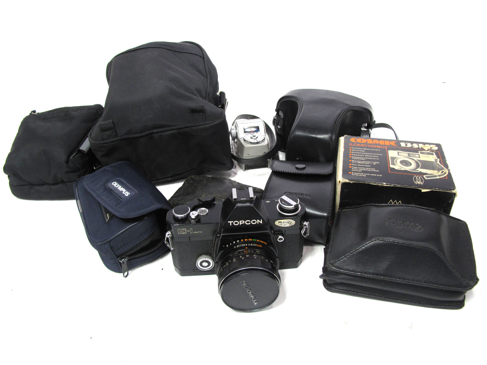 Topcon 1C-1 Auto, with Hi Topcon f=50mm lens in bag, Olympus XA1 Camera in case, Olympus OM 30