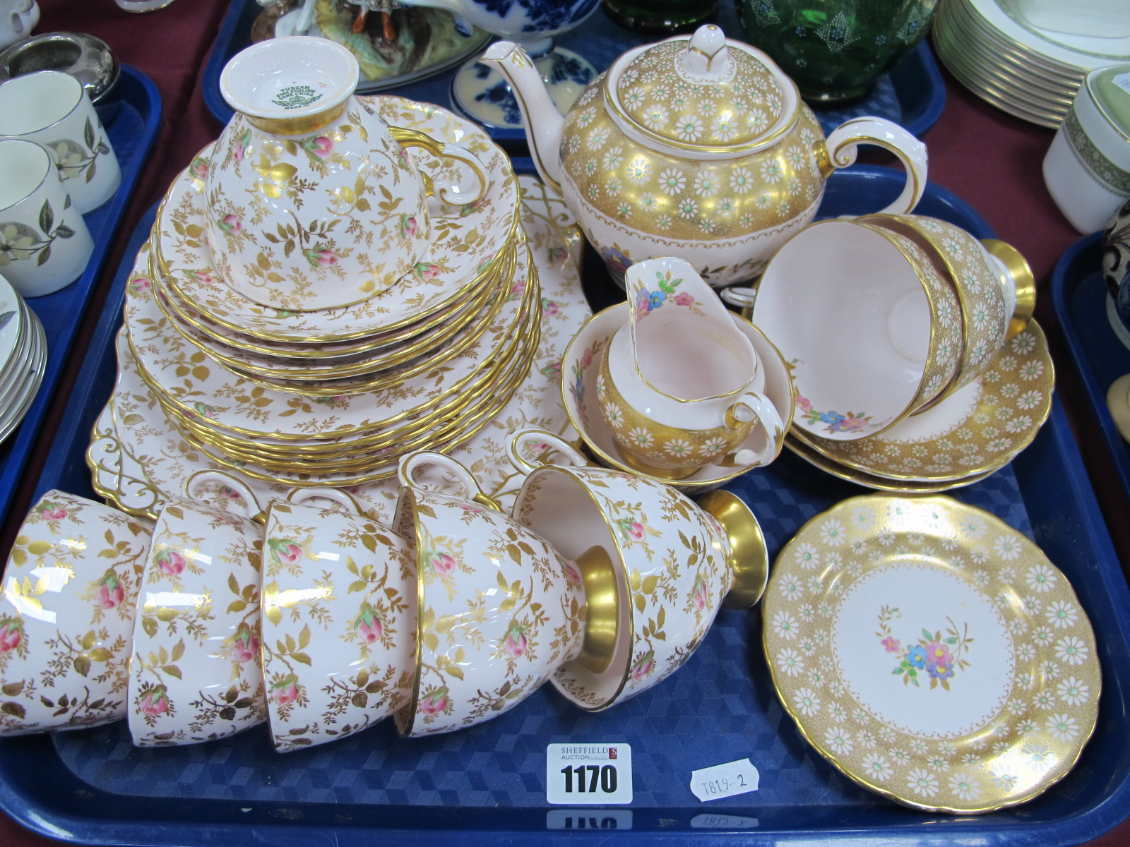 Tuscan Bone China Tea For Two Set, in pink and gilt floral pattern, a Tuscan tea set similar