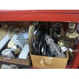 Stainless Steel Serving Dishes, Tilley lantern, china ornaments, etc:- Two Boxes and a brass