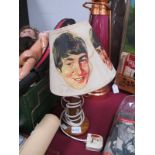 The Beatles, oak table lamp with shade, featuring The Four Faces of the band members.