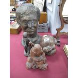 A Plaster Bronzed Bust of a Male, together with a hardwood carving of a Budha and an African