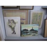 Elarr? Watercolour of Sailing Boats, oil on board of a lighthouse. Vivienne Cawson signed limited