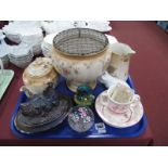 A Crown Devon Jardiniere, glass hen on nest, Mdina spill vase, Bunnykins, etc:- One Tray.