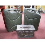Two Military Jerry Cans, and a shell case. (3)
