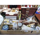 A XIX Century Workbox, Radio's, table lamps, tools etc:- One Box.