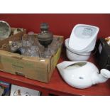 Slipper Bath, commode pot, brass oil lamp, glassware etc:- On Box.