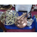 Copper Kettle, brass trivet stand, cased fruit serving set, sauce boat, etc:- One Tray.