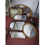 A Mahogany Triple Dressing Table Mirror, two oval mirrors, two watercolours, one print (6)