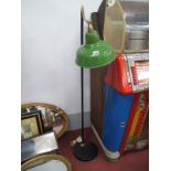 An Early 1900's Floor Standing Factory Lamp, with brass adjustable swan neck and green enamel