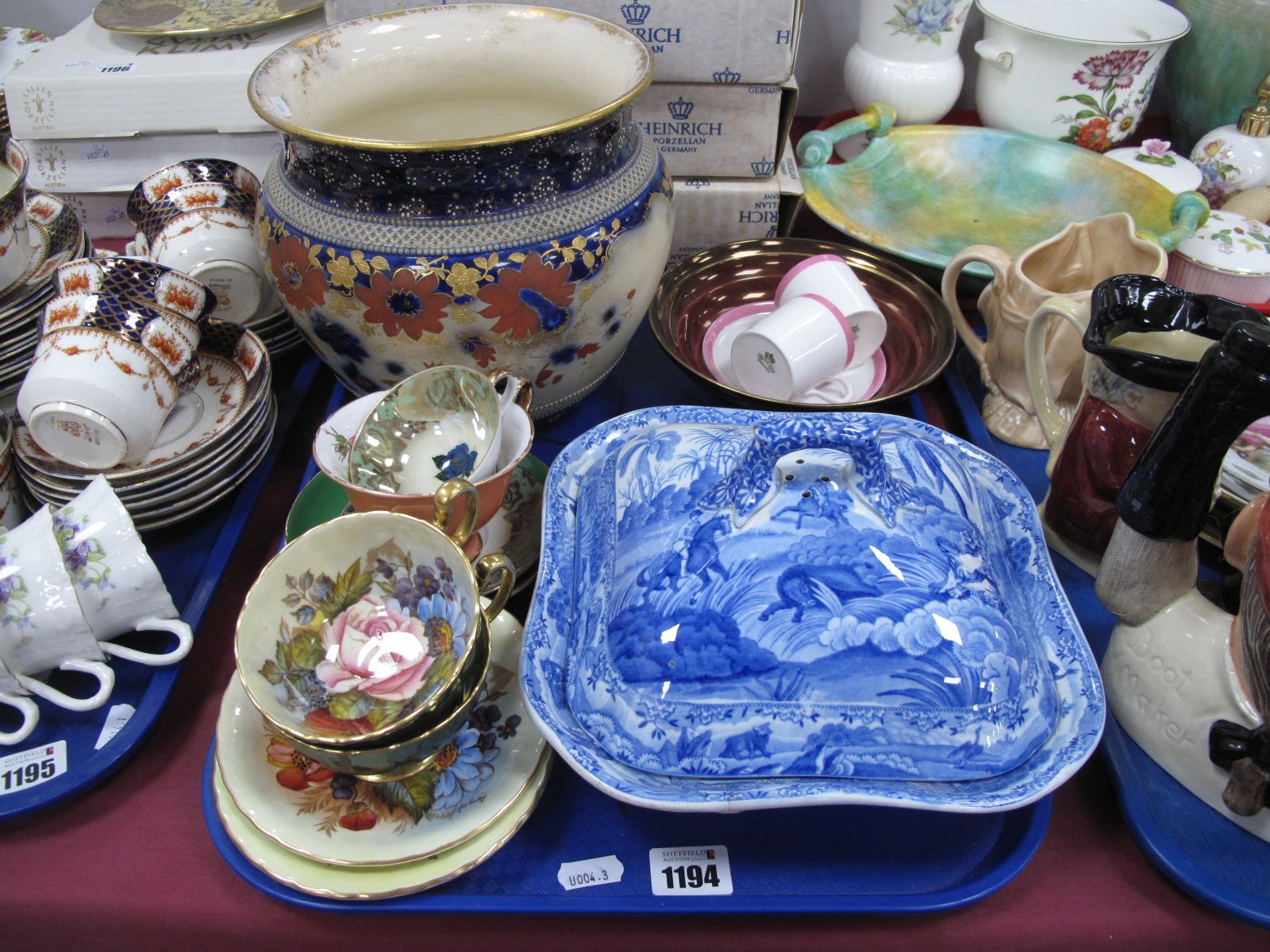 W & R Carlton Ware Jardiniere, pair of Aynsley handpainted cabinet cups and saucers, signed A.