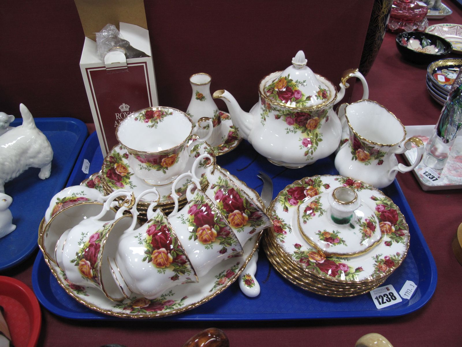 Royal Albert 'Old County Roses' Teaware, comprising teapot, milk jug, cake plate, six each tea cups,