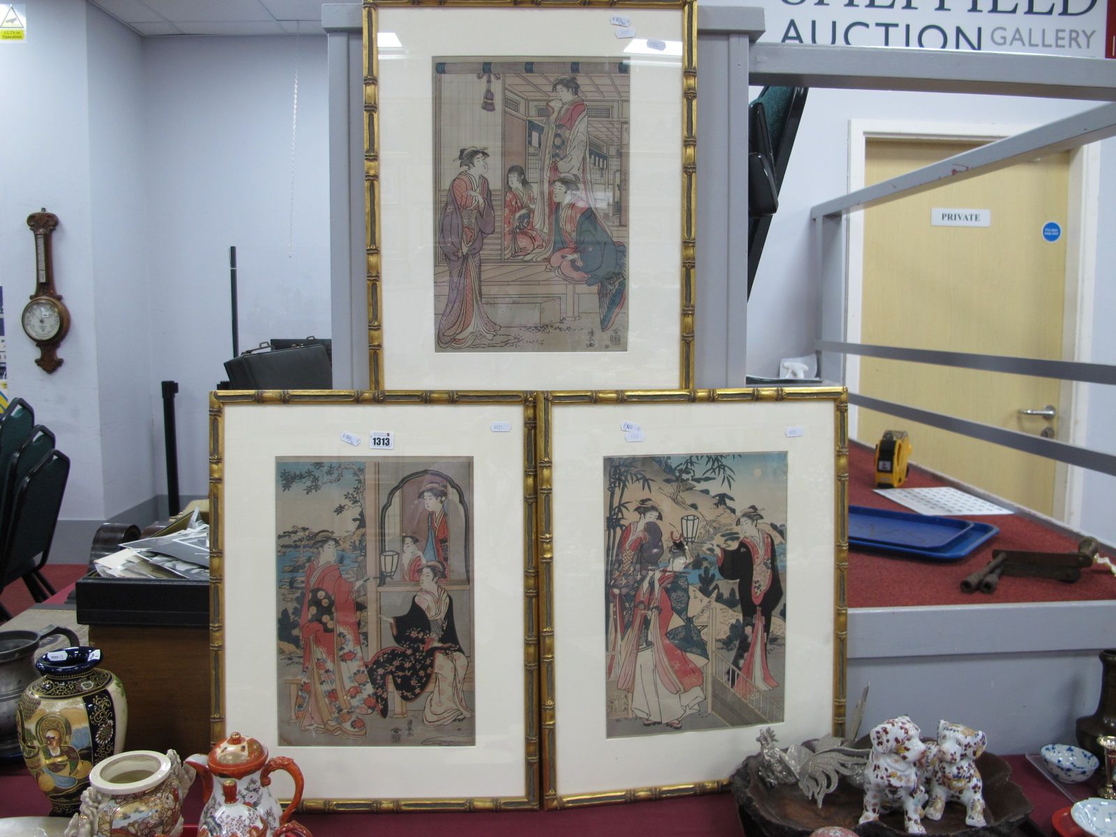 After Torii Kiyonago (Japanese 1752 - 1815) Three Colour Woodblock Prints, including figures in an