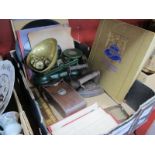 Flat Irons, records, camera, scales and brass weights etc:- One Box