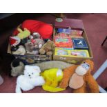 Pelham Puppet, soft toys, Scrabble, Jenga, other games:- Two Boxes