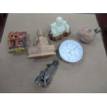 A Soapstone Monkey, 13cm high, posy holder, Oriental bird teapot, having bee finial, jadette Buddha,