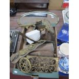 A XIX Century Brass Trivet, copper bed warmer, etc, flat irons etc:- One Box.