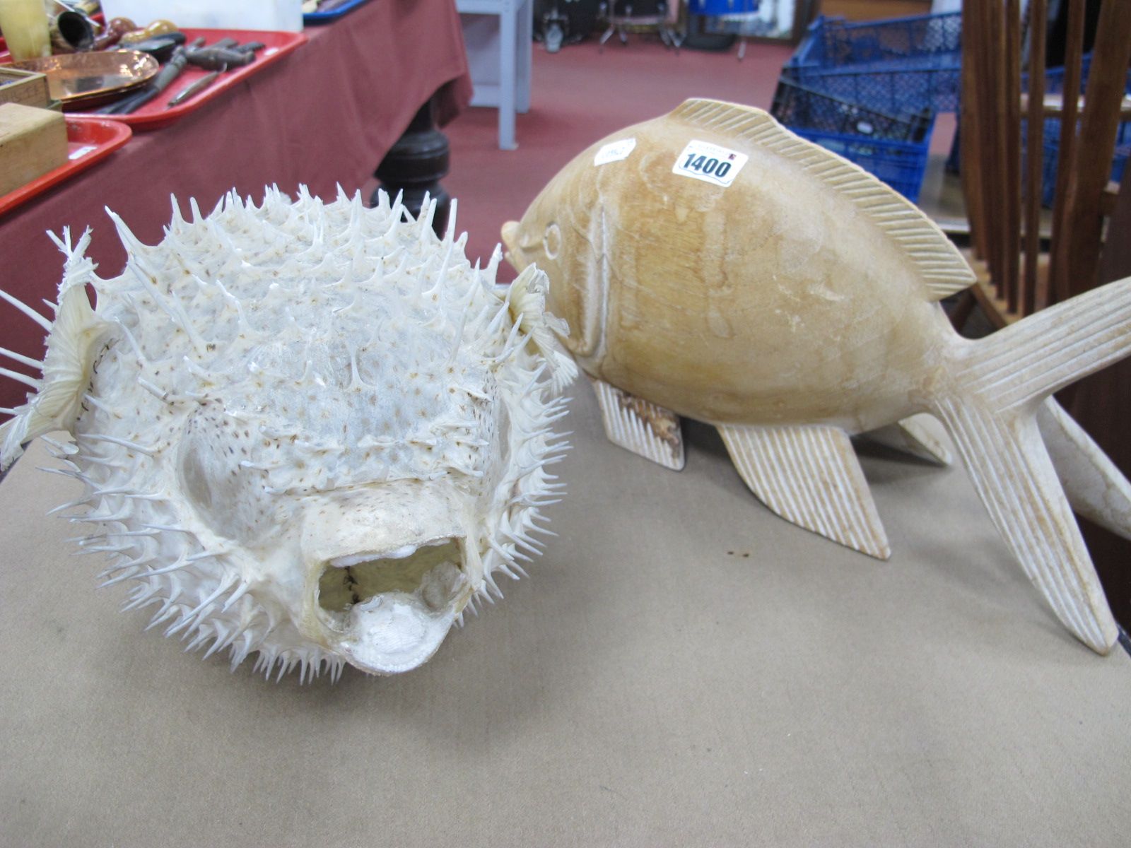 Puffer Fish, 38cm long, 23cm wide, 18cm high, carved wooden fish. (2)