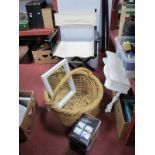 A Directors Chair, mirror, large wicker basket, spiralizer.