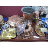 Brass Letter Scales, copper jelly mould, tea urn, chocolate pot, etc, with tray.