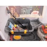 A Plastic Wheel Barrow, foot pump, lawn edges, Rabone level many other tools.