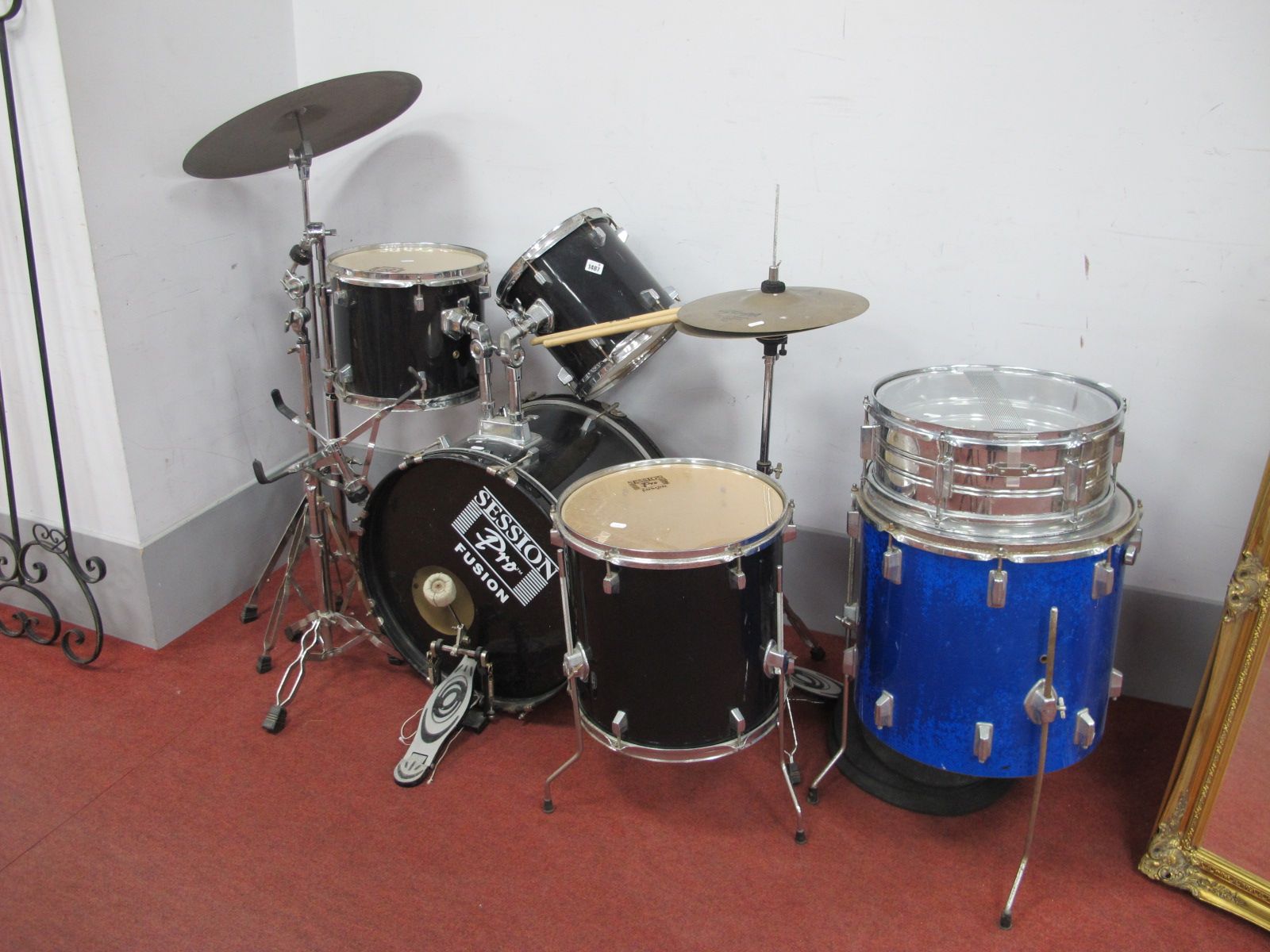 A Session Fusion Triple Drum and Single Drum, Premier D S Head & Evans Drums. Stagg floor cymbals,