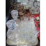 A Pair of Decanters, drinking glasses:- One Tray