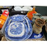 A XIX Century Blue-White Meat Plate, tureens etc, Stoneware pottery puzzle jug 'The Newborough Arms'