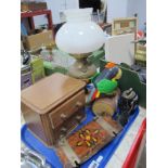 An Oil Lamp, Mahogany jewel drawers, LSM lighters, novelty alarm clock, etc:- One Tray.