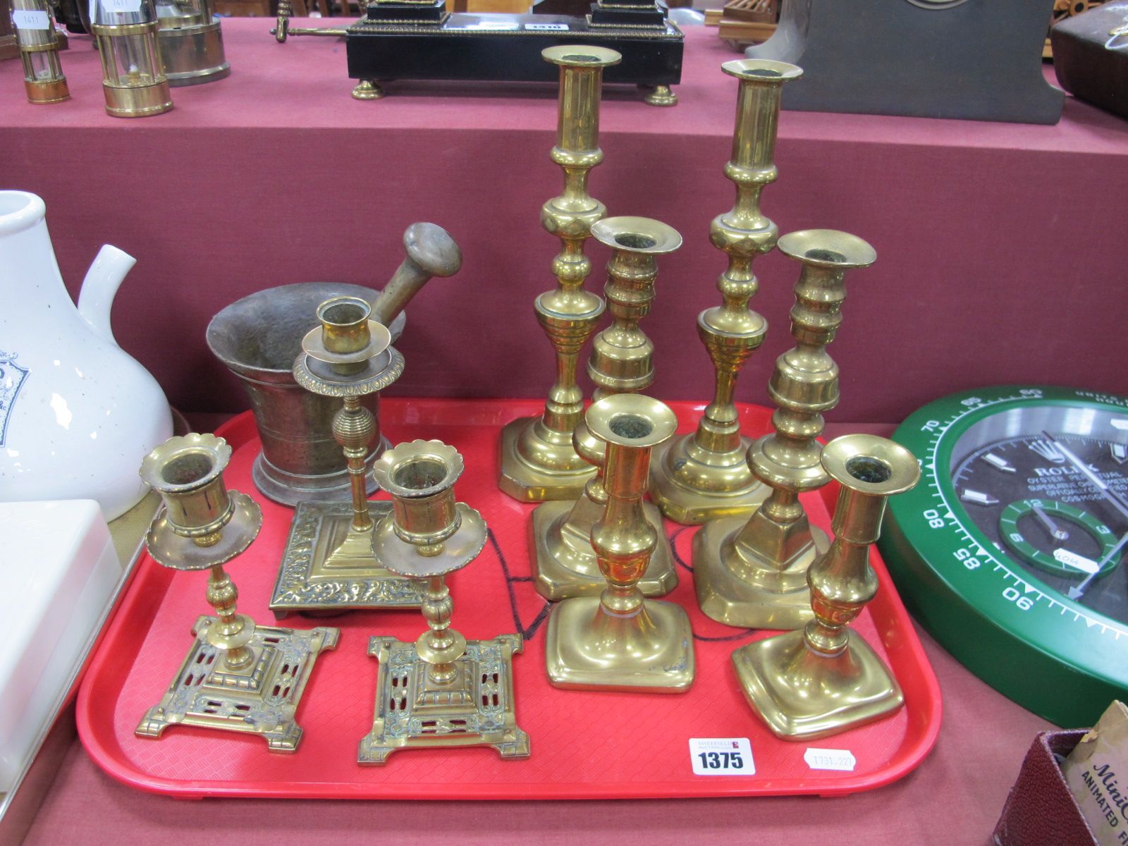XIX Century Brass Candlesticks, XIX Century mortar-pestle, etc:- One Tray