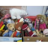 Modern Porcelain Collectors Dolls, soft toys, games:- Two Bxes.