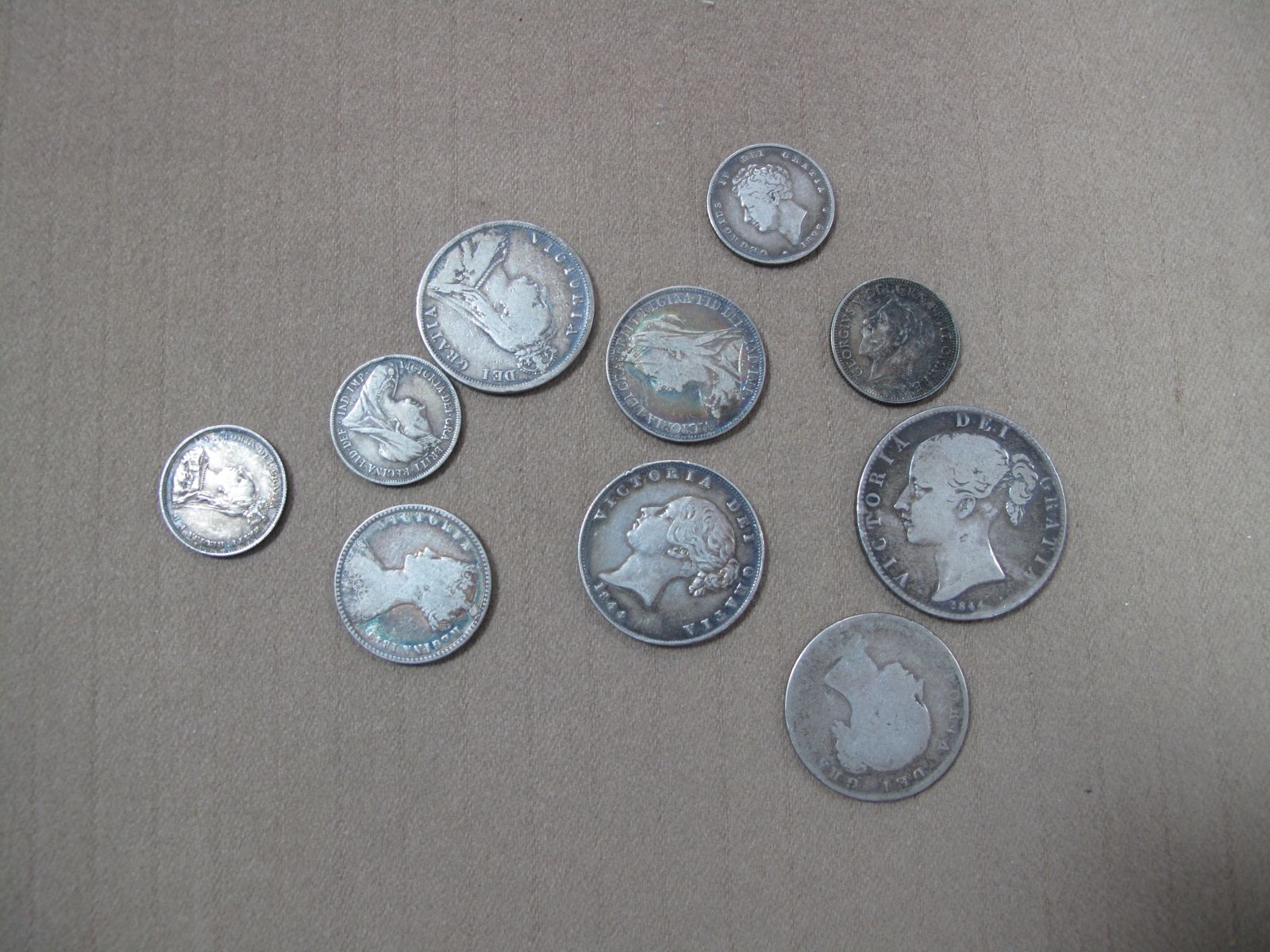 A Collection of Ten Pre 1947 Silver Coins, to include 1844 Crown young head, 1844 Half Crown, 1826