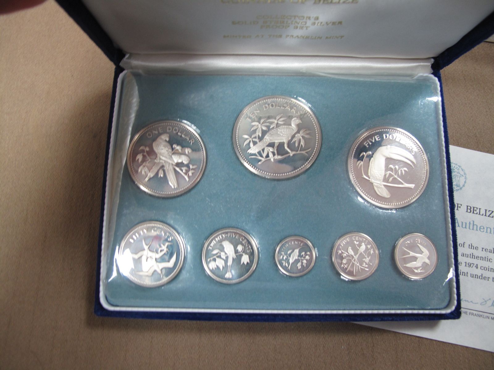 A 1974 Coinage of Belize Silver Proof Set, by Franlkin Mint, eight coins up to 10 Dollars, cased,