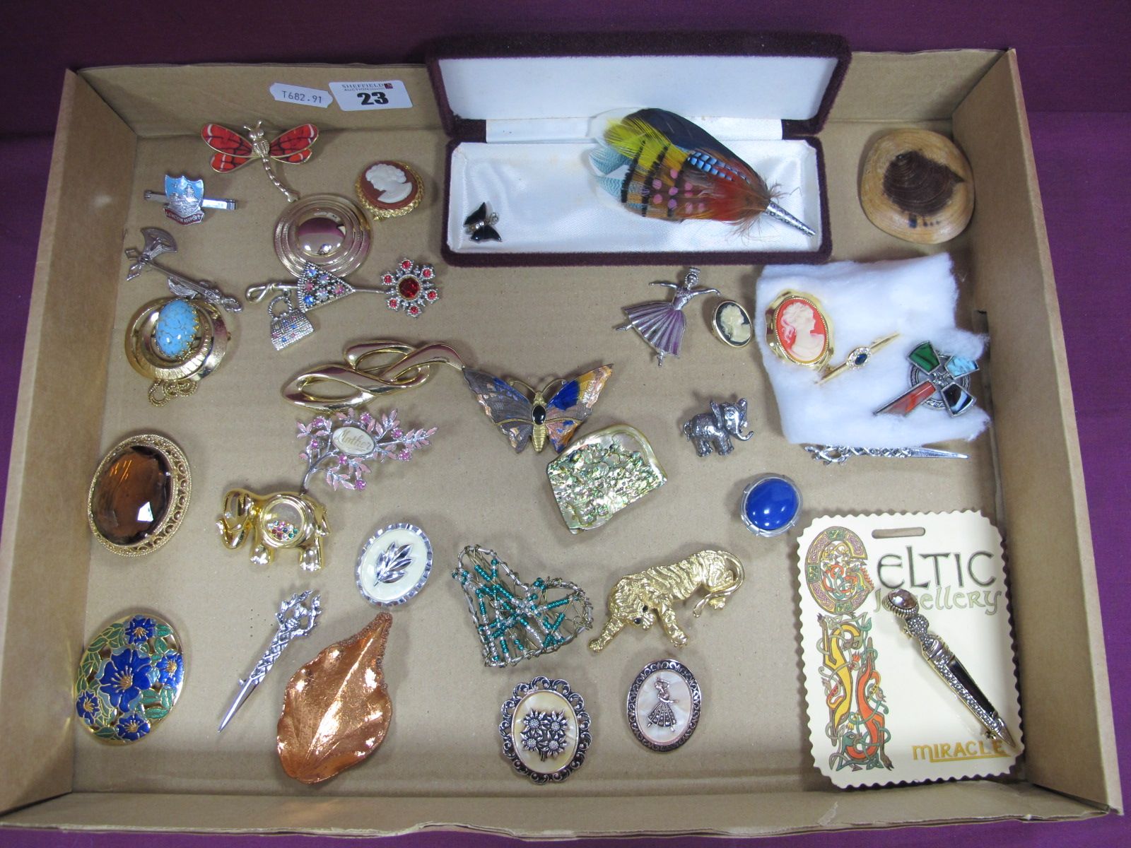 A Collection of Assorted Costume Brooches, including 'London Airport' souvenir bar brooch, butterfly