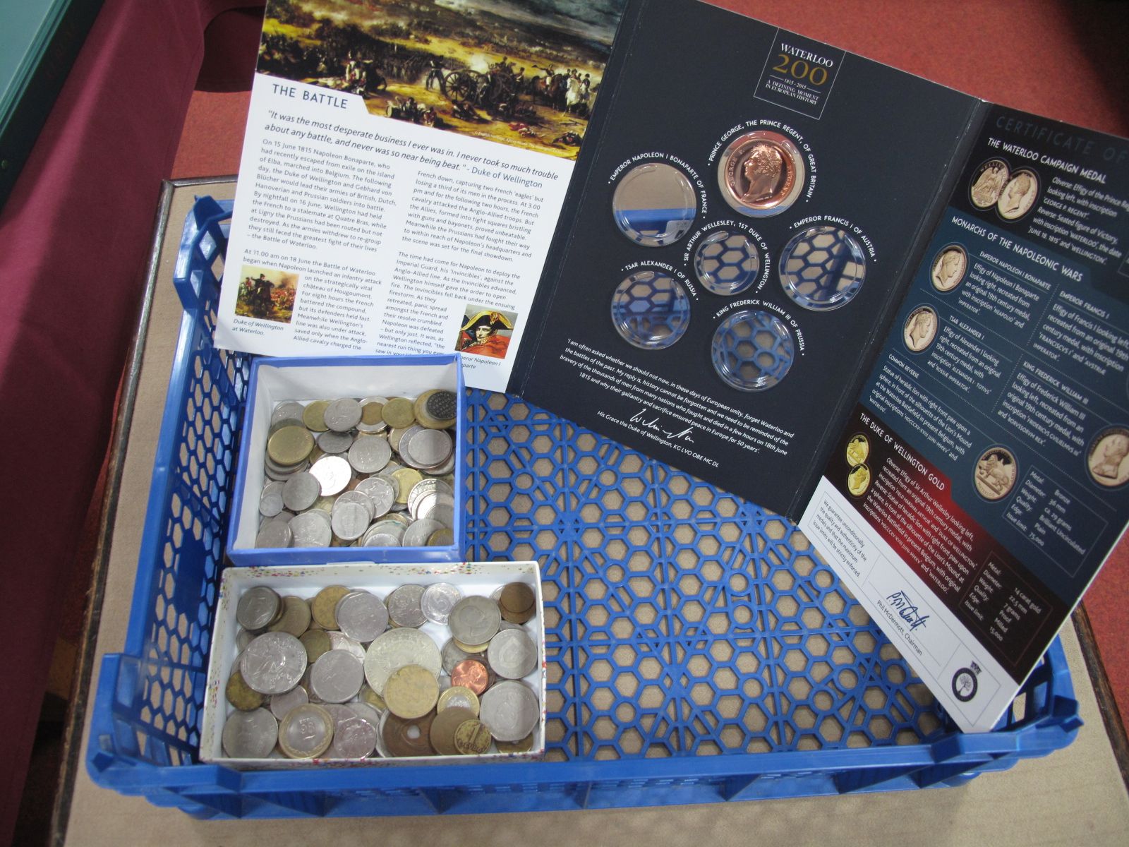 A Large Collection of World Coins, together with a Battle of Waterloo medal collector set (