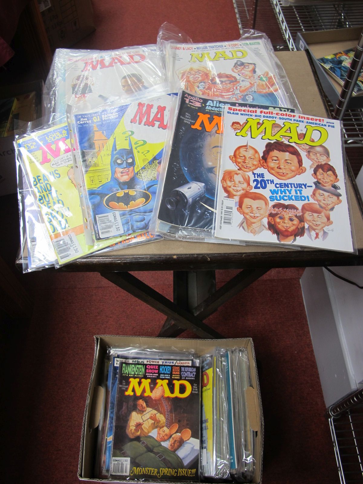 A Quantity of MAD Magazines 1980 - 1990, all in cellophane, unchecked for complete runs:- One Box.