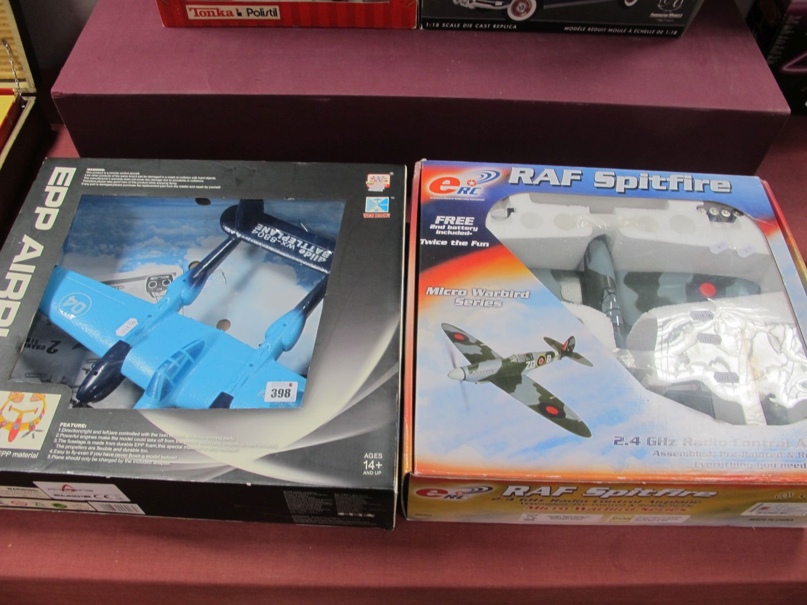 ERC 2.4 GHZ Radio Controlled R.A.F Spitfire, micro warbird series, boxed, appears unused), and Epp