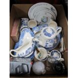 Wedgwood Peter Rabbit Plates, Old Willow pottery, mortar and pestle, etc:- One Box