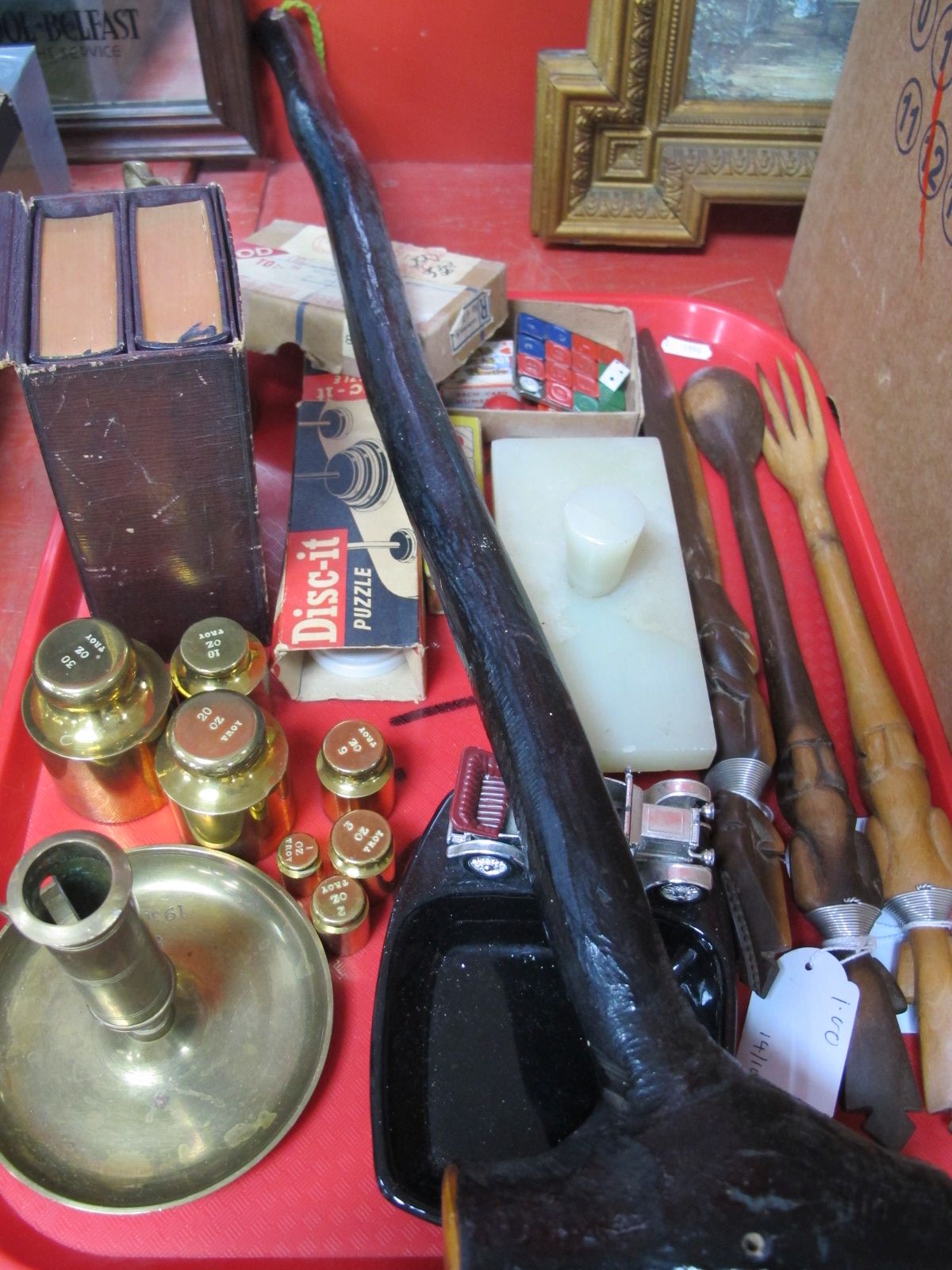 Brass Weights, games, Lesney ashtray, shalelagh, etc:- One Tray