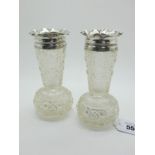 A Pair of Hallmarked Silver Rimmed Cut Glass Vases, Messrs Hutton, Birmingham 1901, 14.5cm high. (2)