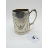 A Hallmarked Silver Mug, CE, London 1881, of tapering cylindrical form, detailed with ribbon tied