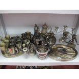 Assorted Plated Ware, including twin branch candelabra, fox handle tankards, circular and oval