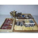 Assorted Plated Cutlery, cruet items, hot water jug, fish knives and forks, goblets, etc.