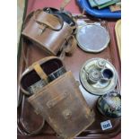 Two Pairs of Binoculars, in leather case, hand mirror, condiment set, lacquered box:- One Tray.